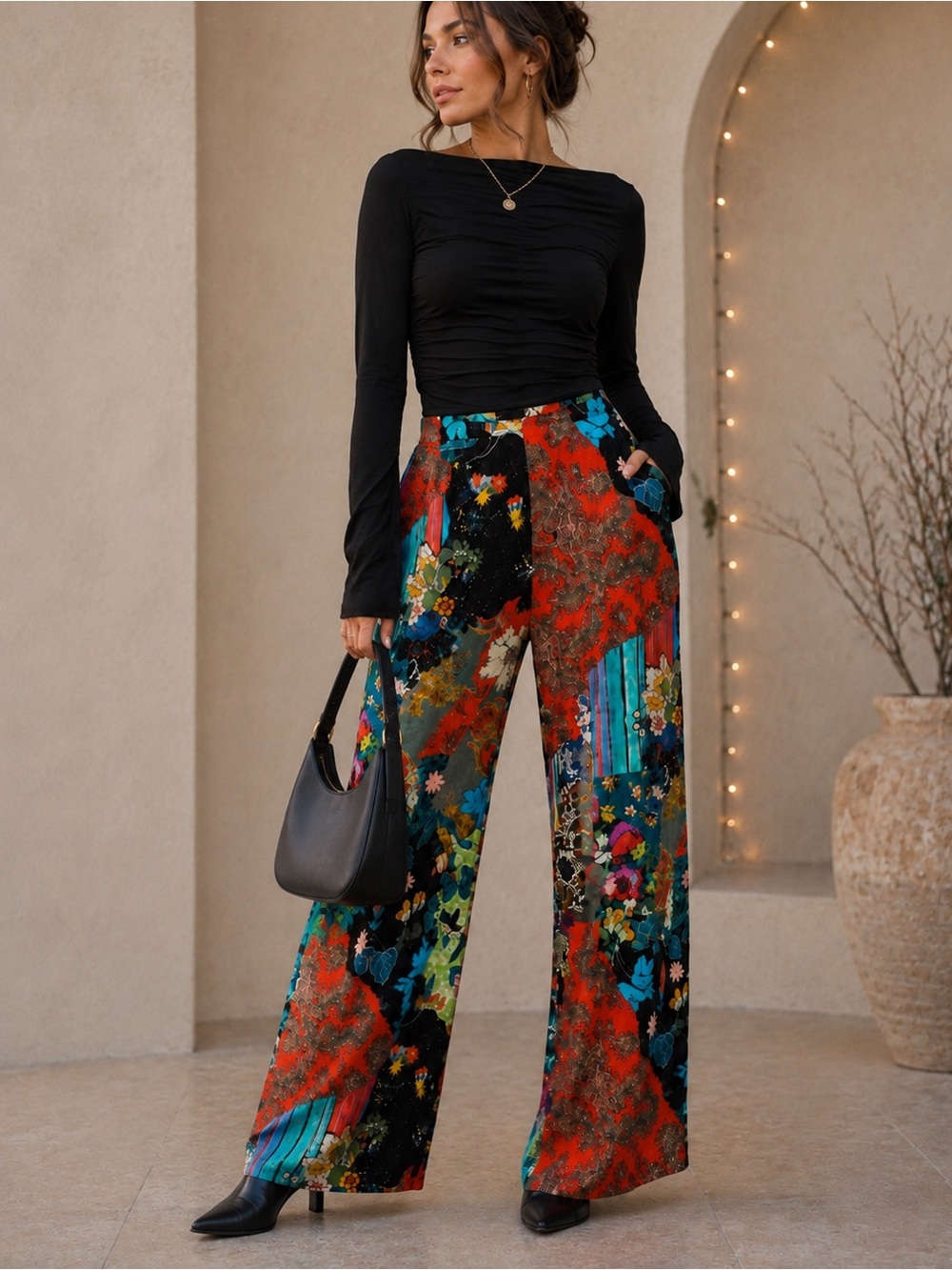ANTHROPOLOGIE Satin Wide Leg Pants 8 Asian Chinoiserie Print Patchwork Artsy
